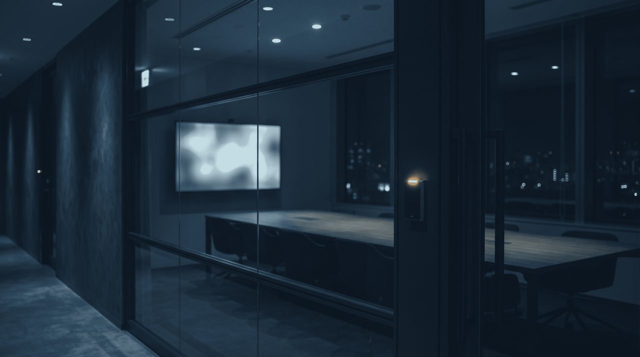 A secure meeting room after hours, seen through the glass from a dark corridor.