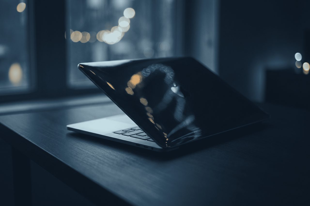 A closed laptop on a dark desk, a single reflection across the lid.