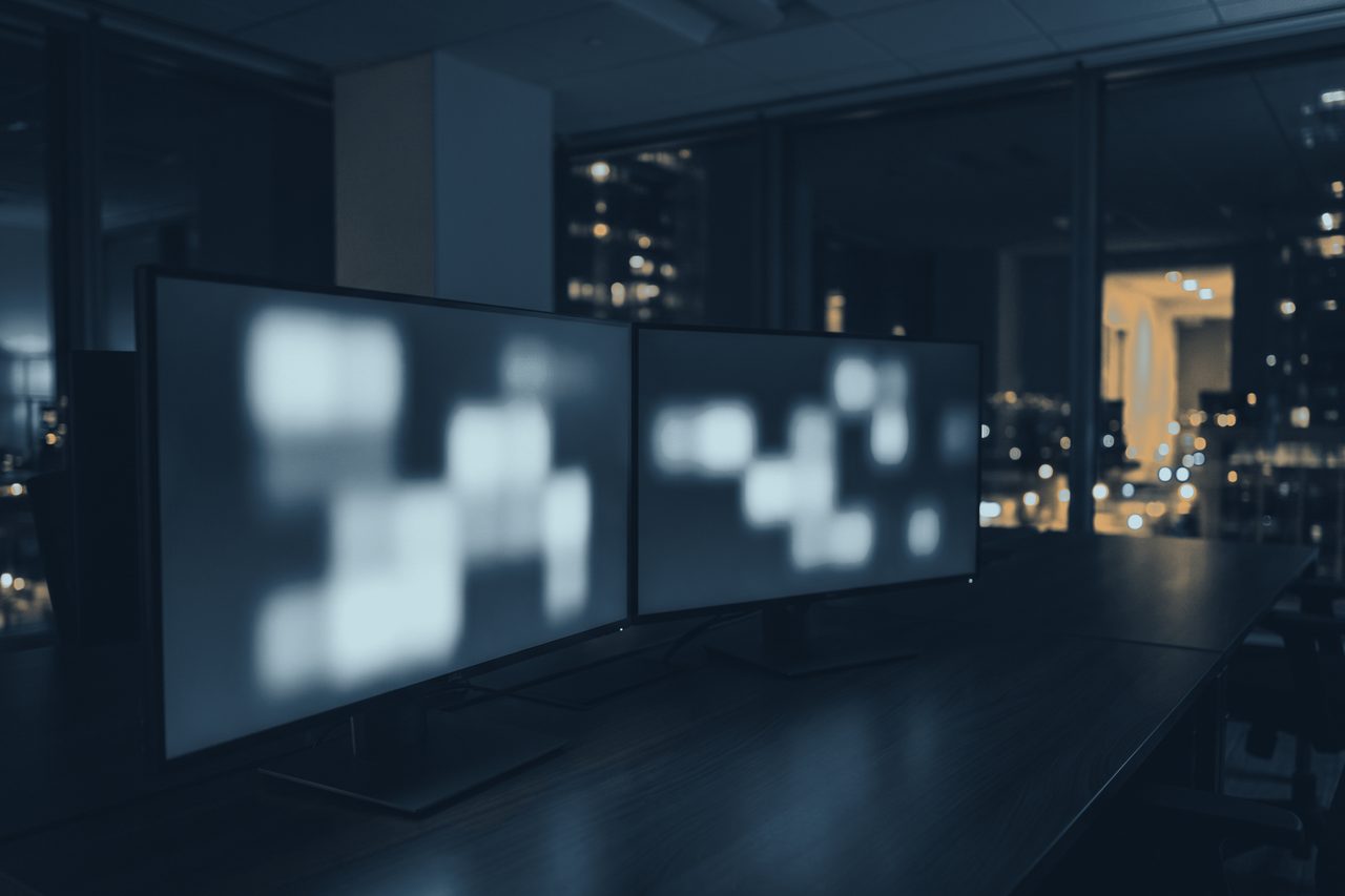 Two monitors on a desk, thrown out of focus, city lights behind.