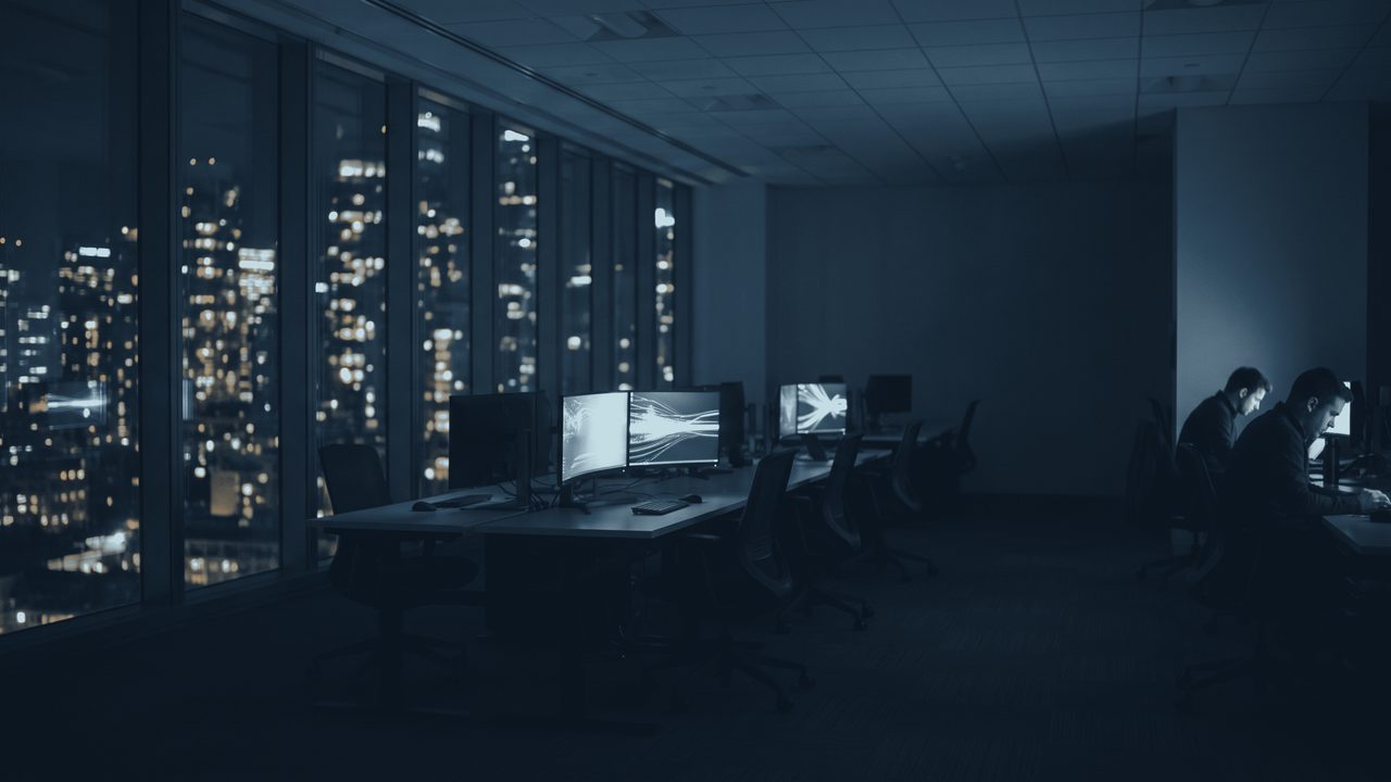 An office after dark, desks lit by their screens.