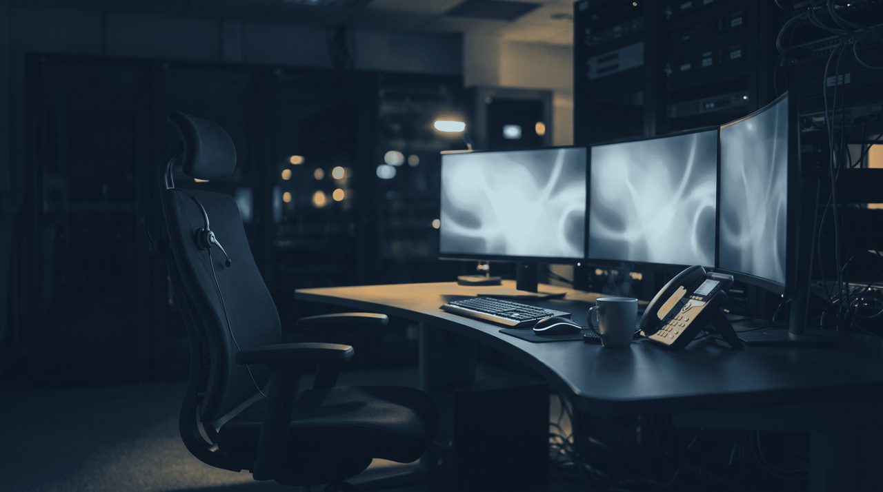 An operator position in a darkened operations room, the chair turned away.