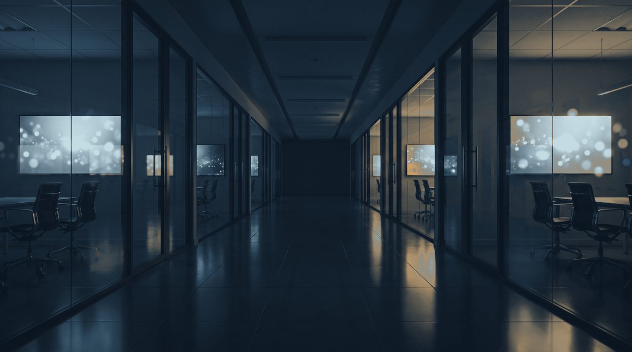 A corridor of glass-walled team rooms at night, each lit by its own screens.